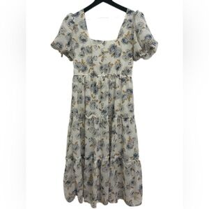 Moon River Floral Puff Sleeve Tiered Ruffle Midi Dress (Cottage Core) Size M